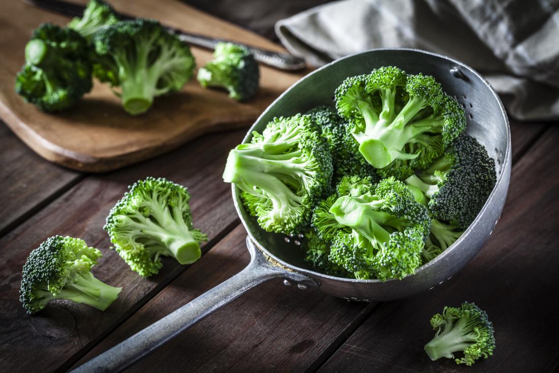 Broccoli in spoon on wooden table.