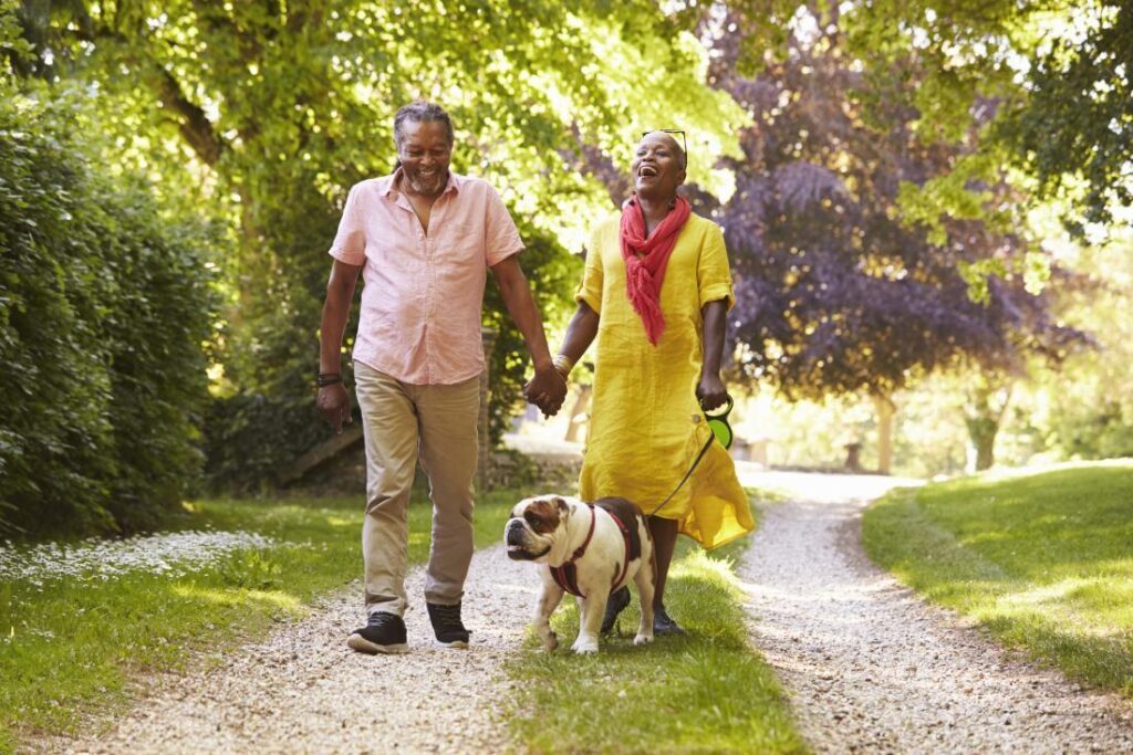 casal sênior passeando com o cachorro no campo